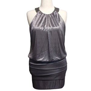 NEW Xscape Beaded High Neck Embellished‎ Party Dress Gunmetal Gray/Silver 10